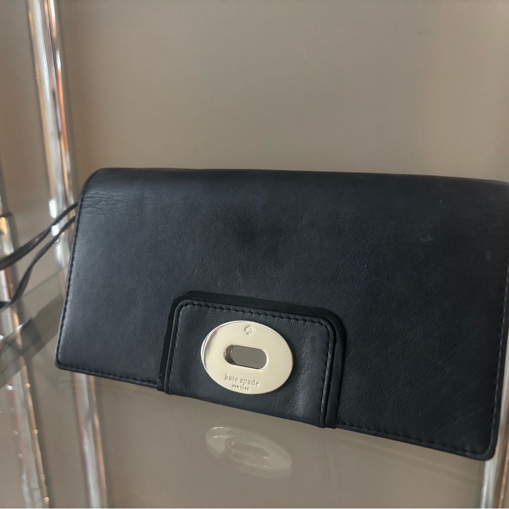 Kate Spade Black Leather Clutch with Silver Accent